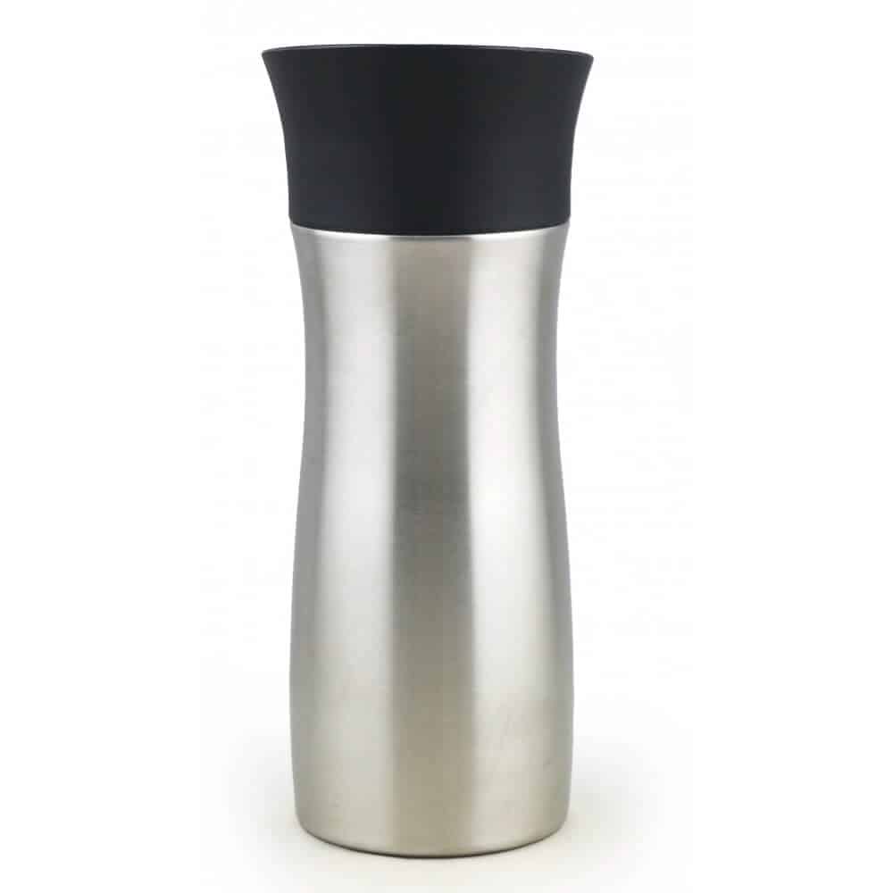 Side view of stainless steel Dorsch vacuum mug with black top 300ml