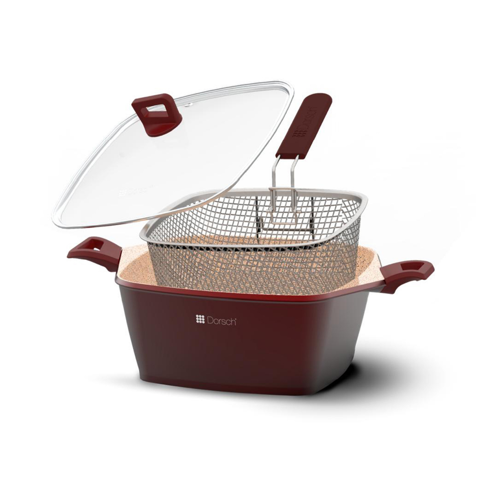Dorsch frying pot 28cm 7.2L with glass lid and removable frying basket in burgundy color