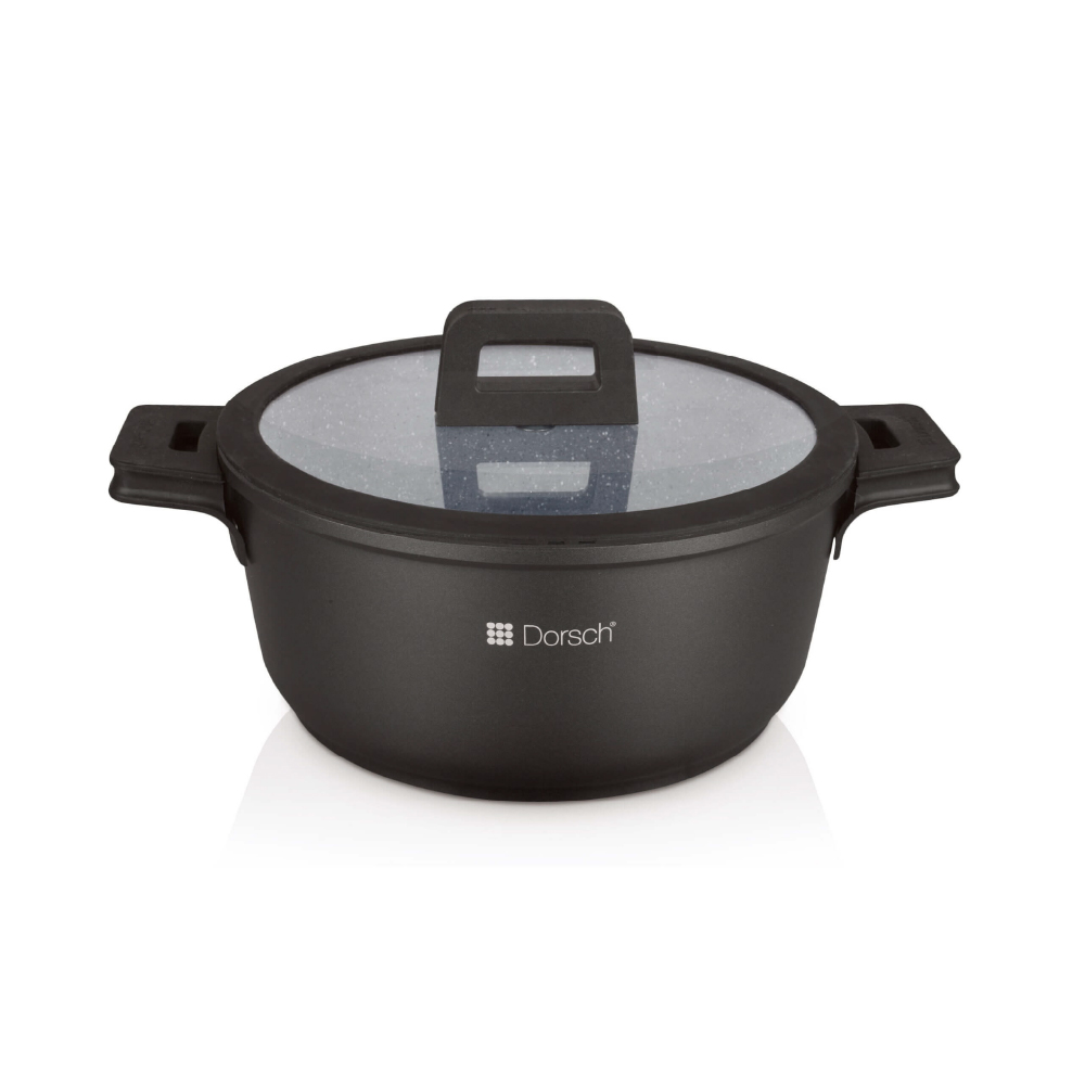 Black Dorsch casserole pot with glass lid and side handles, available in multiple sizes from 18cm to 40cm