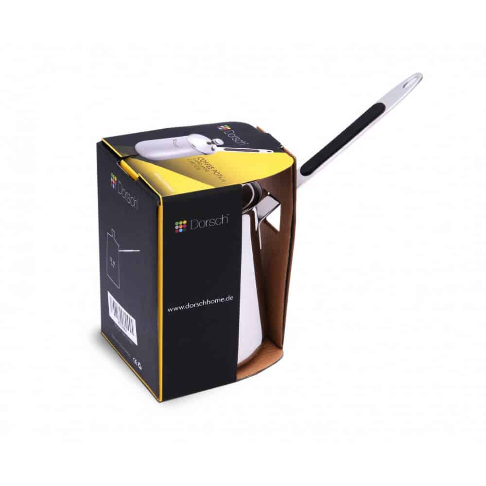 Dorsch stainless steel coffee pot in retail box with handle visible