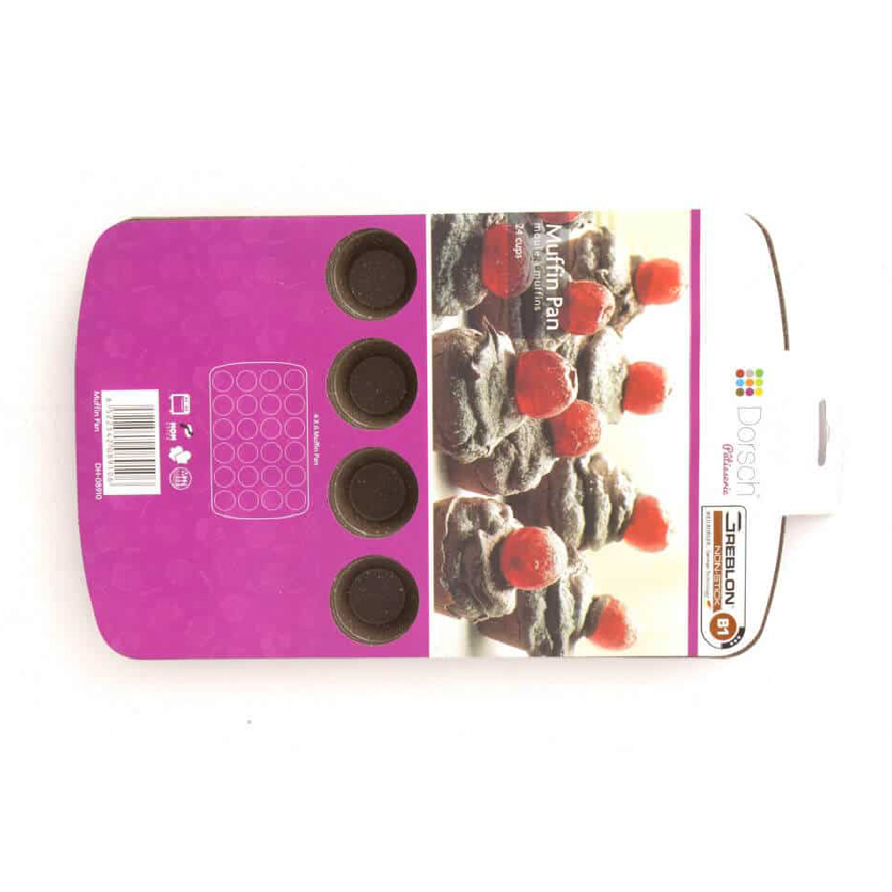 Packaging of Dorsch mini muffin pan 24 cups with dessert image