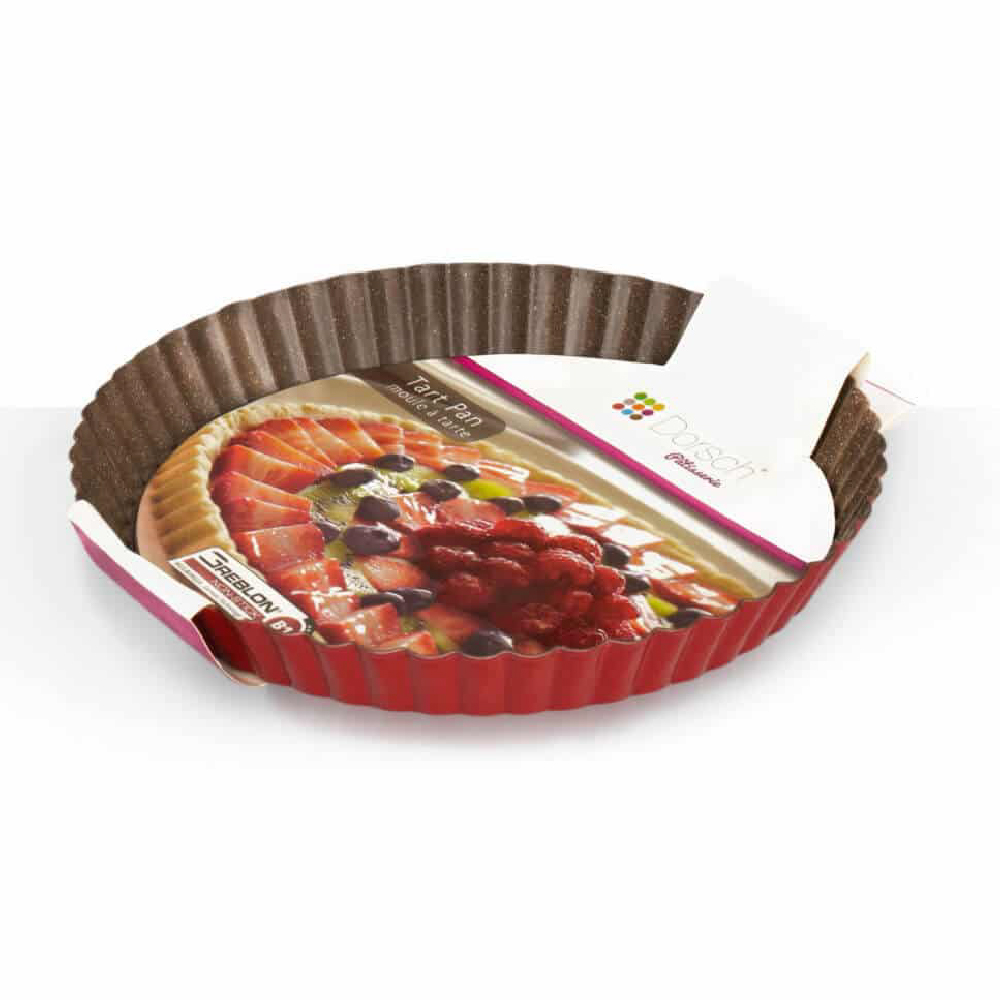 Dorsch red tart pan in retail packaging showing fruit tart serving suggestion