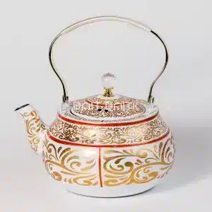 إبريق شاي أبيض بنقشة ذهبية ولمسات حمراء مع العلبة سعة 2.0 لتر