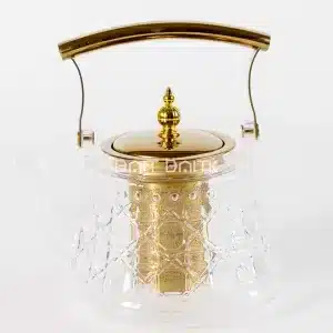 إبريق شاي زجاج شفاف مع فلتر ستانلس وغطاء ذهبي – لقطة أمامية