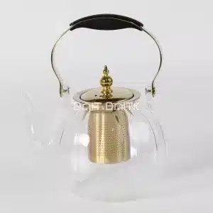 إبريق شاي زجاج بوروسيليكات مع مصفاة ستانلس وغطاء ذهبي