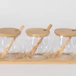 طقم 3 مرطبانات زجاج للتوابل مع أغطية وملاعق وقاعدة بامبو