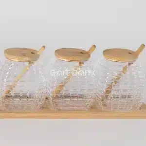 طقم مرطبانات توابل زجاج نقش 3 قطع مع أغطية وملاعق وقاعدة بامبو