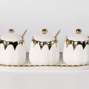 طقم سكريات/بهارات سيراميك 3 قطع أبيض مع ذهبي على صينية