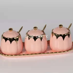 طقم سكريات/بهارات سيراميك 3 قطع وردي مع ذهبي على صينية
