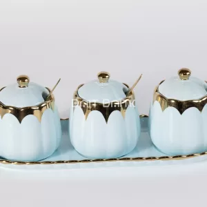 طقم سكريات/بهارات سيراميك 3 قطع أزرق سماوي مع ذهبي على صينية