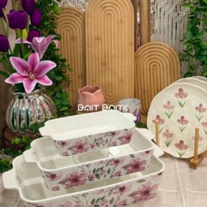 طقم صواني فرن سيراميك 3 قطع - تصميم أحمر فلكلوري