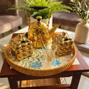 Luxury Golden Mate Serving Set with Rattan Tray & Ceramic Bowls