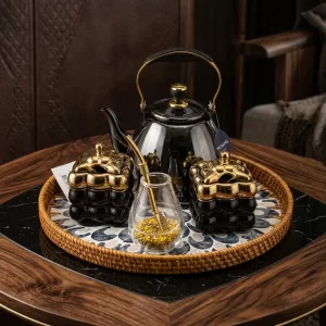 طقم متة فاخر للضيافة أسود وذهبي