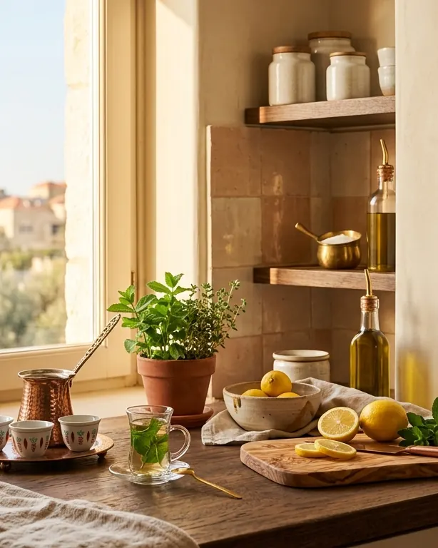 ركن مطبخ دافئ مع ركوة قهوة وأكواب